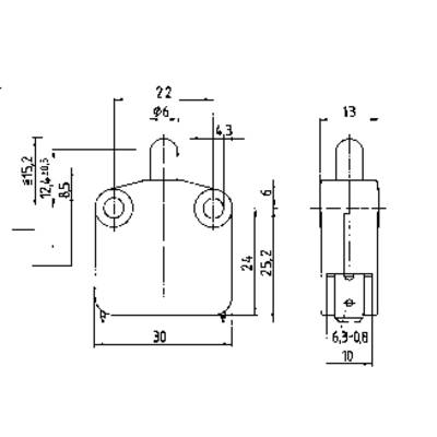 Technische tekening van een stekker met afmetingen in millimeters. Frontaal- en zijaanzicht tonen details zoals aansluitbussen en pinafstanden.