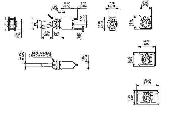 Technische tekening van een stekkerverbinding met afmetingen in inches. Toont voor-, zij- en bovenaanzicht. Bevat gedetailleerde maten van de componenten.