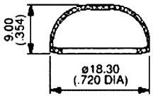 'Doorsnedeschets van een halfronde koepel. Afmetingen: Breedte 18,30 mm (0,720 inch), Hoogte 9,00 mm (0,354 inch).'