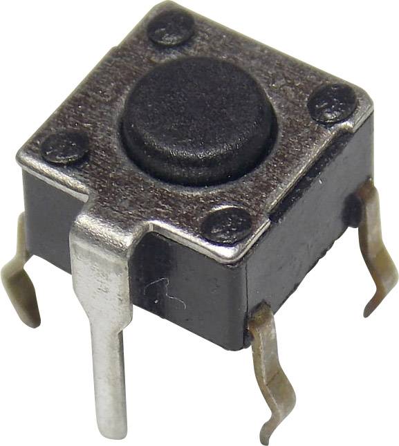 Een kleine, zwarte drukknop (microswitch) met vier metalen pootjes voor gebruik in elektronische schakelingen.