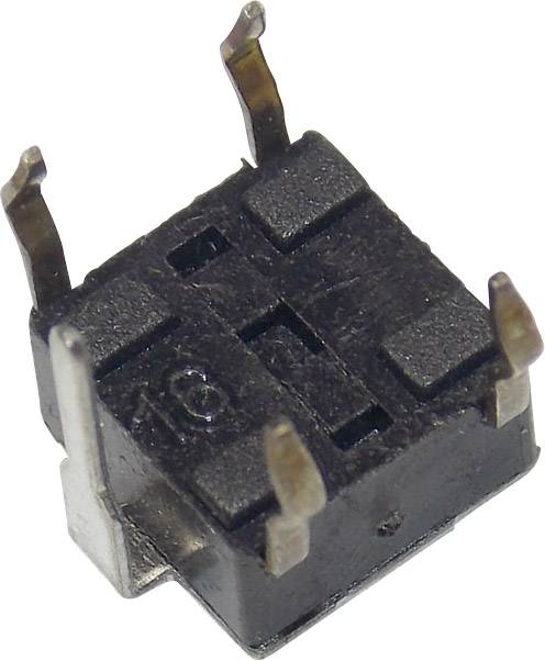 Een zwarte, rechthoekige elektrische schakelaar met vier metalen aansluitpennen, gebruikt in elektronische schakelingen.