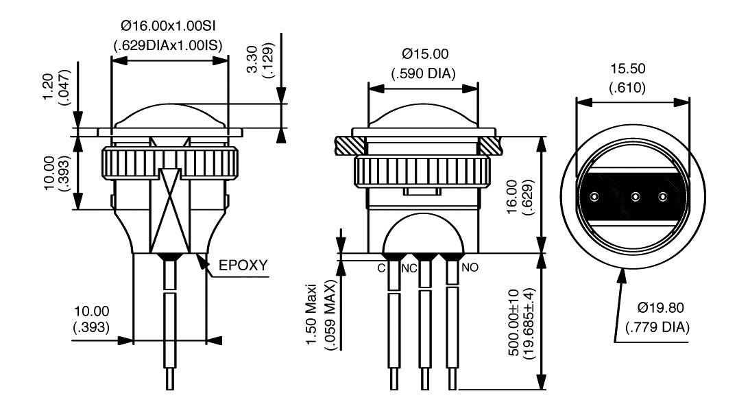 'Technical drawing of an electronic component with dimensions in inches. Shows front, side, and top view of a button with connections.'