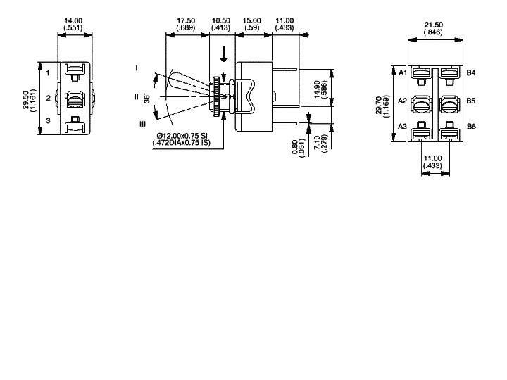 Technische tekening van een elektrische schakelaar met nauwkeurige maatvoering in millimeters en inches. Toont voor-, zij- en bovenaanzicht.
