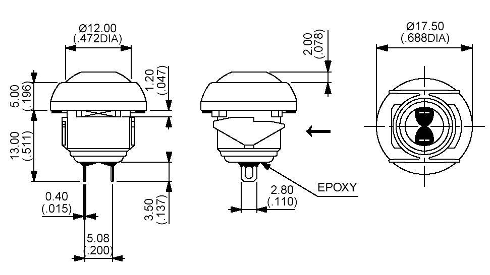 Technische tekening van een sensor met drie aanzichten. Maten aangegeven in millimeters en inches. Belangrijkste afmetingen en details gemarkeerd.