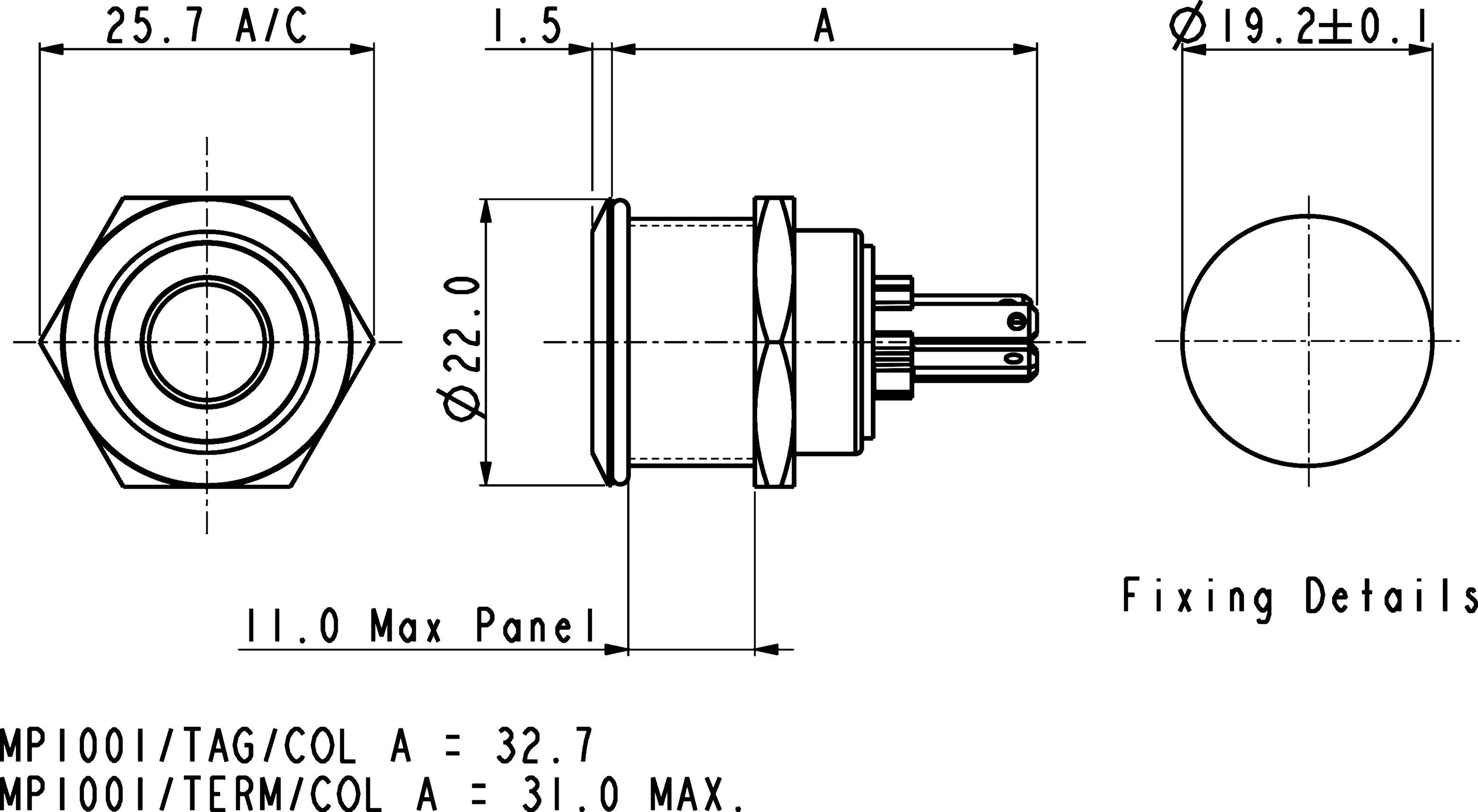 Technische tekening van een cilindrische connector met afmetingen, bovenaanzicht en zijaanzicht. Details voor bevestiging en toleranties weergegeven.