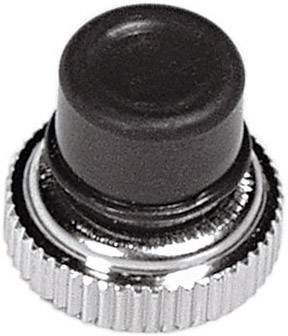 Een ronde zwarte knop met een metalen rand, zoals vaak wordt gebruikt als schakelaar of bedieningsknop voor apparaten.