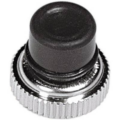 Een ronde zwarte knop met een metalen rand, zoals vaak wordt gebruikt als schakelaar of bedieningsknop voor apparaten.