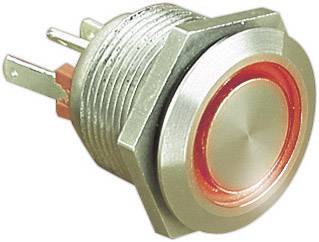 Een metalen drukknop met een rode LED-ring. De schakelaar heeft een platte kop en is bedoeld voor elektrische aansluiting.