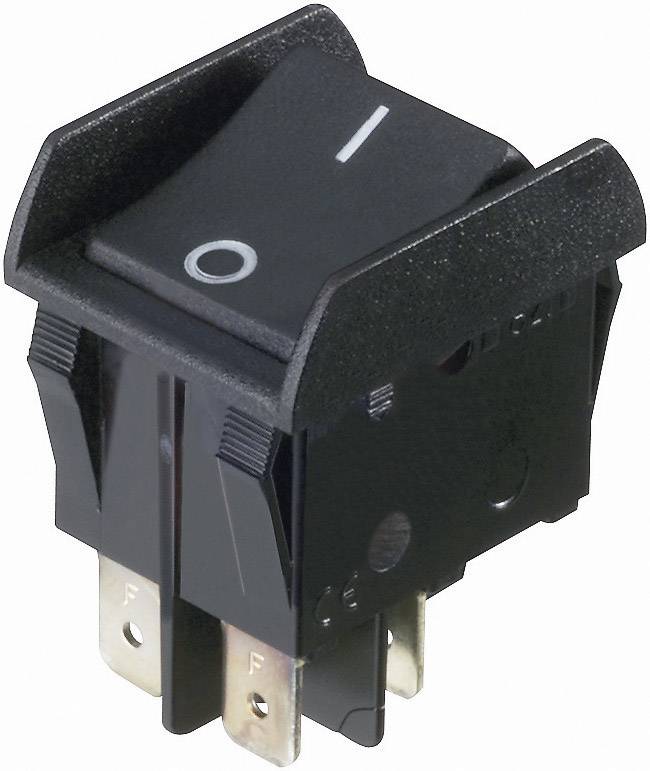 Zwarte tuimelschakelaar met aan/uit-symbolen, in de aan-positie. Elektronisch onderdeel voor elektrische circuits.