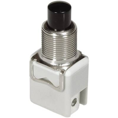Metalen schakelaar met zwarte knop op witte voet, geschikt voor elektrische besturing of bediening van apparaten.