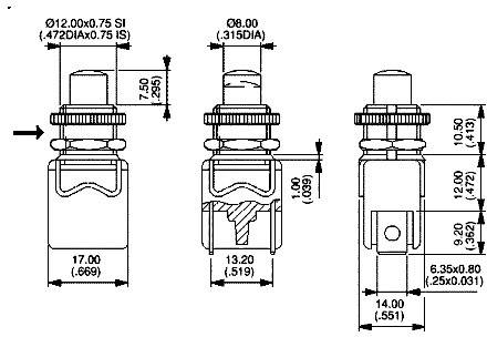 Technische tekening van een metalen onderdeel met drie aanzichten. Maten weergegeven in millimeters en inches. Hoofdafmetingen: 17 mm, 13,2 mm, 14 mm.