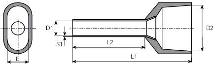 Technische tekening van een metalen buis met afmetingen: lengte L2 en L', diameter Y1 en Y2, hoogte S1, breedte E.