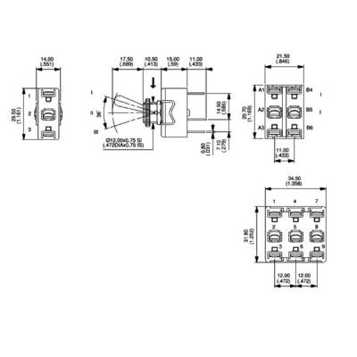 Technische tekening met afmetingen van een elektrische schakelaar; toont voor-, zij- en bovenaanzicht met gedetailleerde afmetingen in mm en inches.