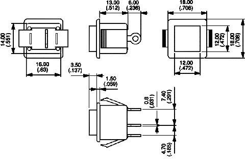 Technische tekening van een rechthoekige schakelaar met afmetingen in inches en millimeters, toont voor-, zij- en bovenaanzicht.