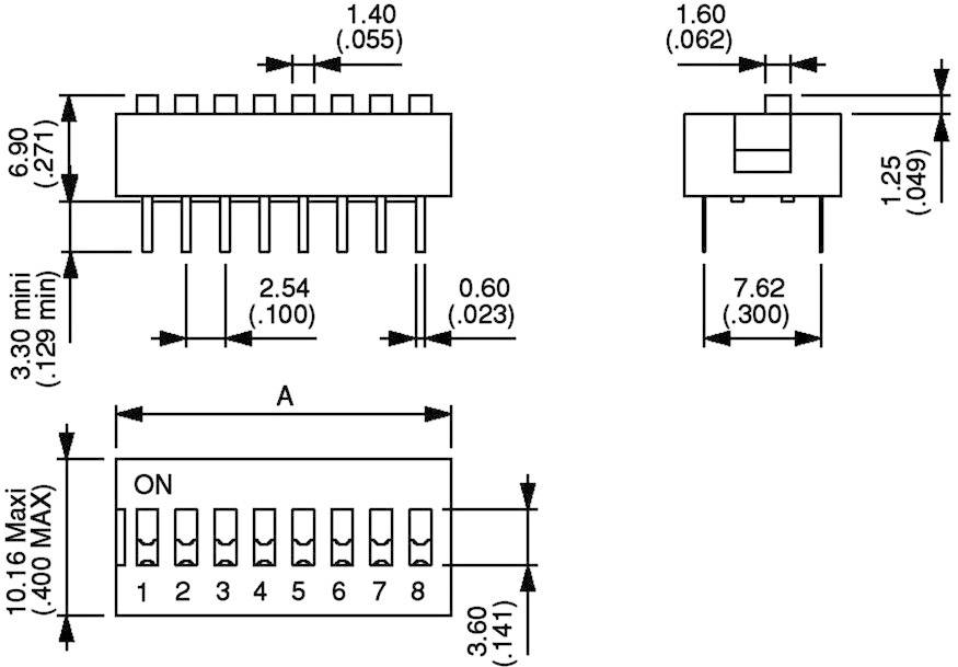 Schakelschema van een 10-polige DIP-schakelaar met afmetingen in inches en millimeters. Toont schakelaarconfiguraties en contactpunten.