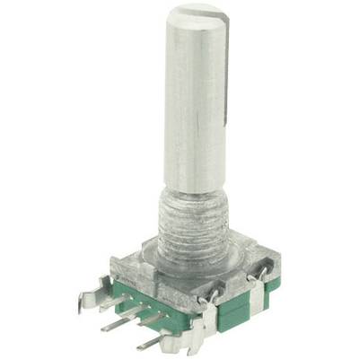 Een zilveren encoder met een groen behuizing en meerdere metalen aansluitingen, geschikt voor elektronische apparaten ter regeling van instellingen.