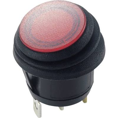 Een rode, ronde tuimelschakelaar met een zwarte behuizing en drie aansluitpennen, geschikt voor elektronische apparaten.
