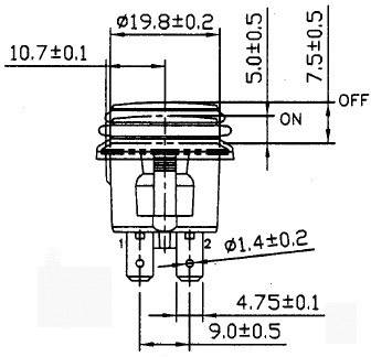Technische tekening van een schakelaar met maatvoering in millimeters. Toont afmetingen en schakelaarconfiguraties 'AAN' en 'UIT'.