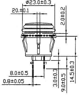 Technische tekening van een elektrische stekker. Afmetingen en toleranties zijn weergegeven, inclusief diameter 23,0 ±0,3 en hoogte 20,1.