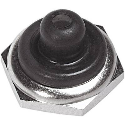 Close-up van een zwarte knop op een zeshoekige metalen basis.