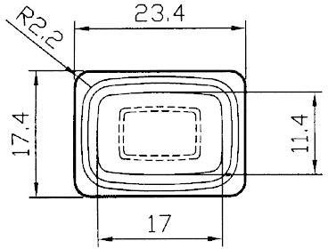 Technische tekening van een rechthoekig object met afgeronde hoeken. Afmetingen: 23,4 cm breedte, 17,4 cm en 11,4 cm hoogte, straal 2,2 cm.