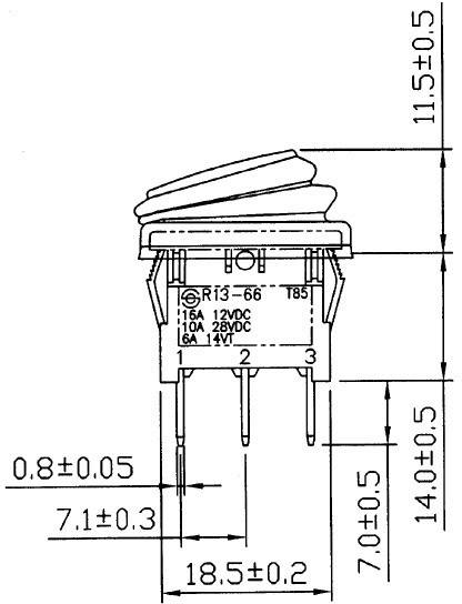 Schakelschema van een drukknop met afmetingen: breedte 18,5 mm, hoogte 14 mm. Voorzien van elektrische gegevens: 16A 12VDC, 10A 28VDC, 6A 14V.