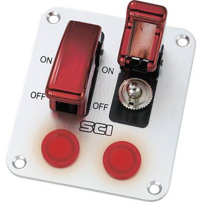 Schakelplaat met twee rode tuimelschakelaars, elk voorzien van 'AAN' en 'UIT' labels, omringd door twee rode LED's.
