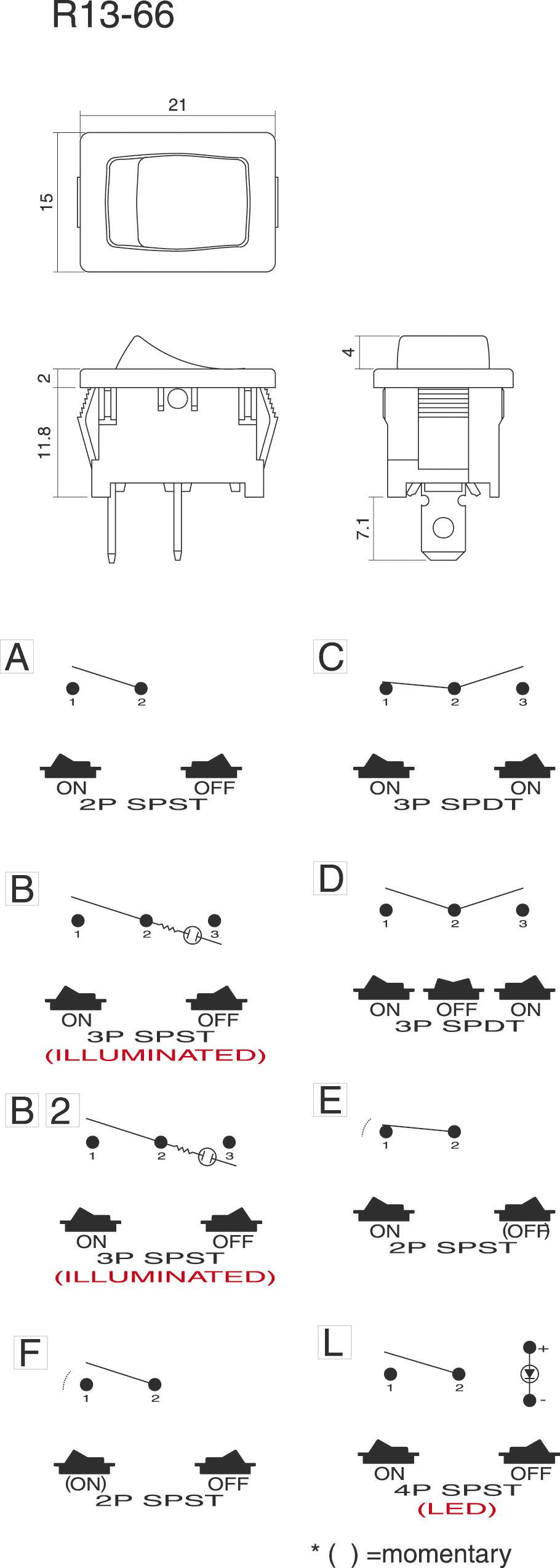 Diagram van een tuimelschakelaar (R13-66). Verschillende schakelingen: A-L, tonen enkelvoudige en dubbele schakelaars in aan- en uit-posities.