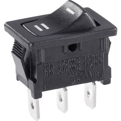 Een zwarte tuimelschakelaar met tuimelschakeling, geschikt voor 18A 125VAC of 10A 250VAC. Opschriften voor elektrisch gebruik.