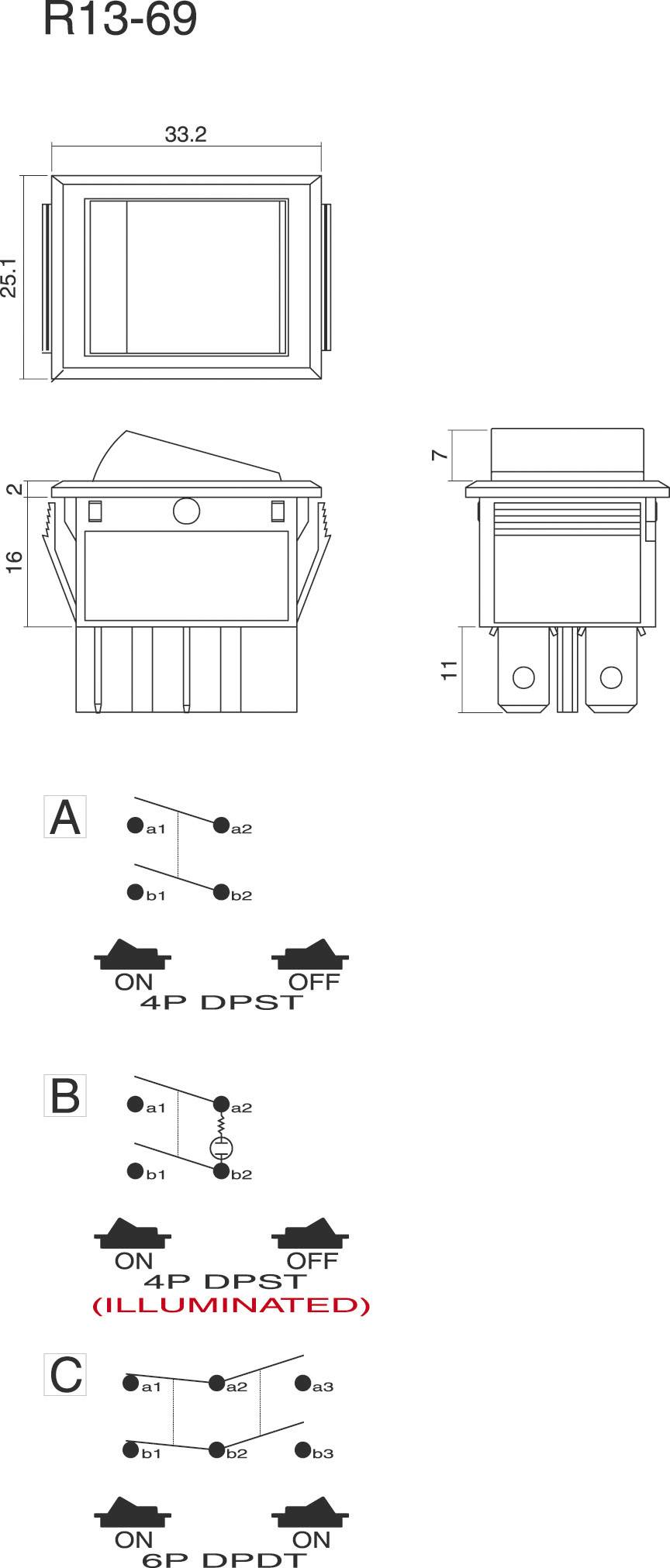 Schakelschema voor R13-69 Tuimelschakelaar. Boven: Afmetingen. A: 4P DPST-schakelfuncties. B: Verlichte 4P DPST. C: 4P DPDT-schakelfuncties.