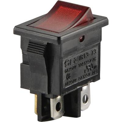 Een rode tuimelschakelaar met zwarte behuizing, geschikt voor elektrische toepassingen. Opschrift: 'SBE11 3-73', '10A125V AC'.