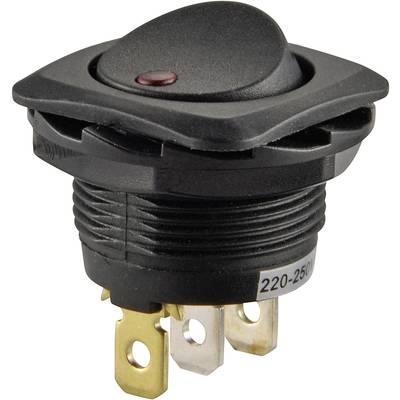Een zwarte wipschakelaar met drie aansluitklemmen. De schakelaar is gemarkeerd met '220-250V' en heeft een rode controlelamp.