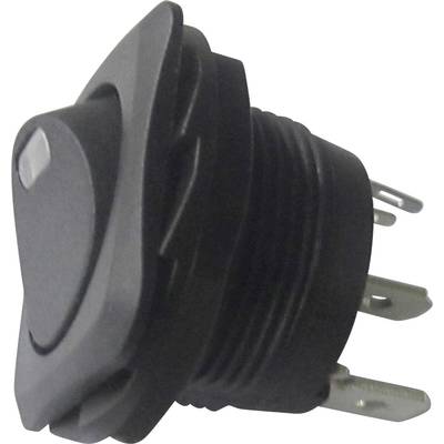 Een zwarte tuimelschakelaar met meerdere metalen aansluitingen aan de onderkant. Geschikt voor elektronische apparaten of schakelingen.