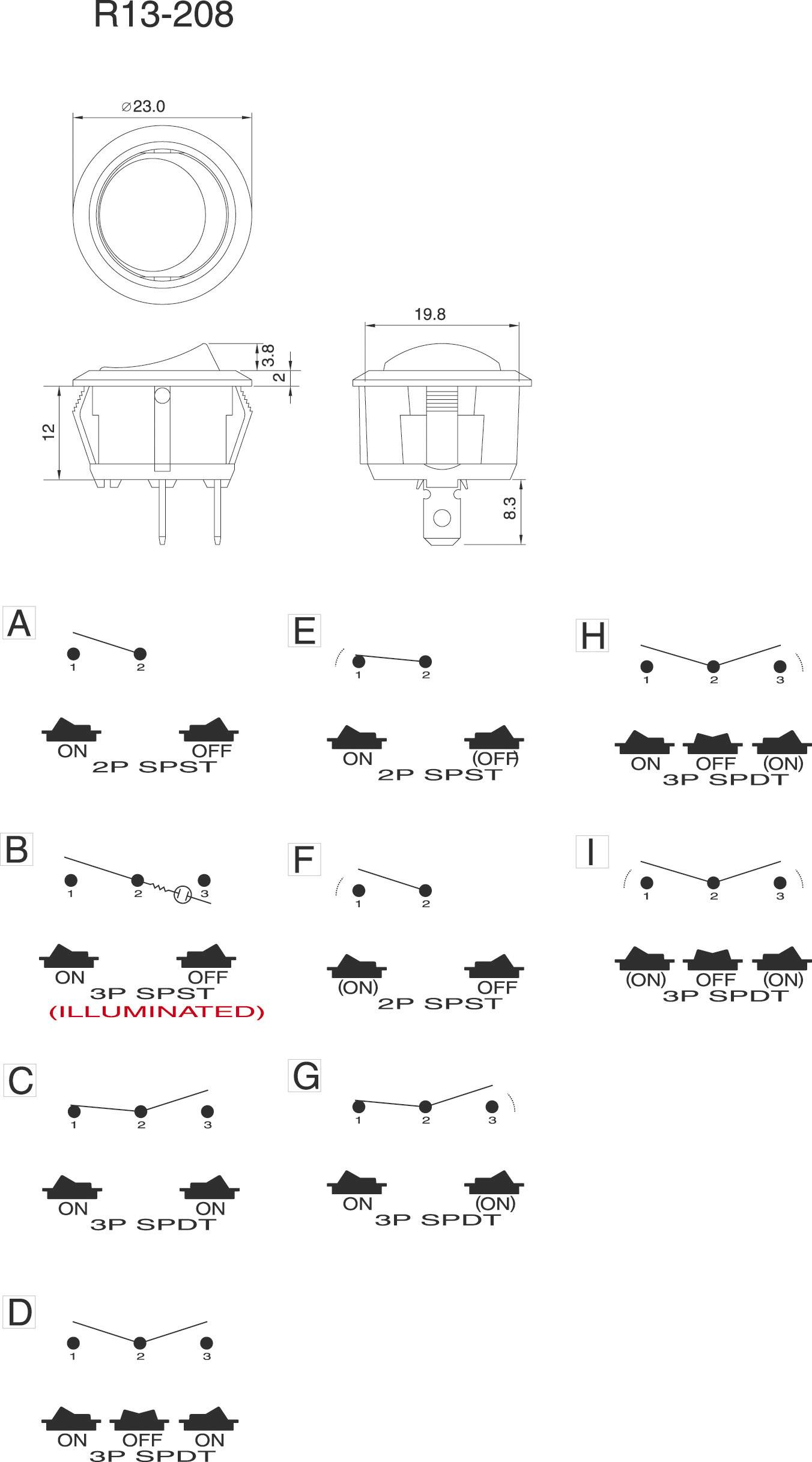 'R13-208' toont schakelargrammen met verschillende schakeltoestanden: (A-D) SPST, (E-H) gecombineerde schakelingen. Diagrammen en maatschetsen hierboven.