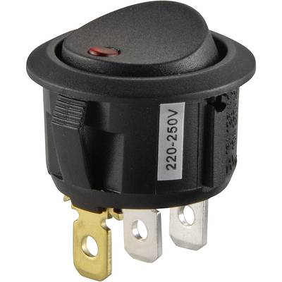 Een zwarte tuimelschakelaar met rode indicator, geschikt voor 220-250V. Drie metalen contacten zijn zichtbaar aan de onderkant.