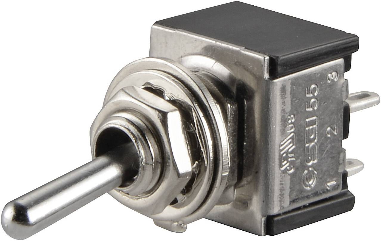 Een metalen tuimelschakelaar met drie aansluitpennen aan één zijde, geschikt voor het bedienen van elektrische apparaten of schakelingen.