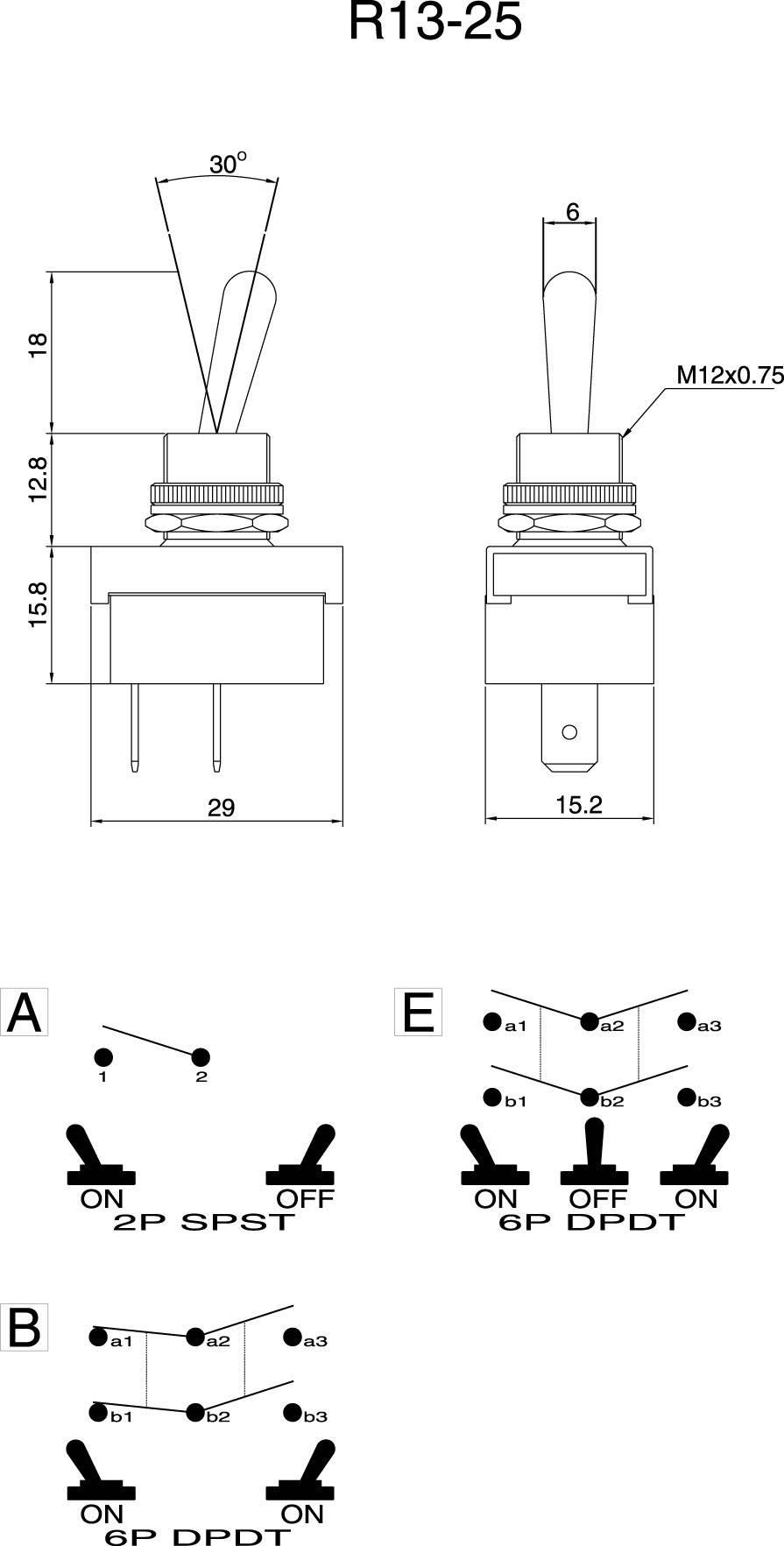'R13-25' schakeldiagram: Technische tekening van een schakelaar met afmetingen en specificaties. Varianten A, B, E tonen verschillende schakelingsconfiguraties.