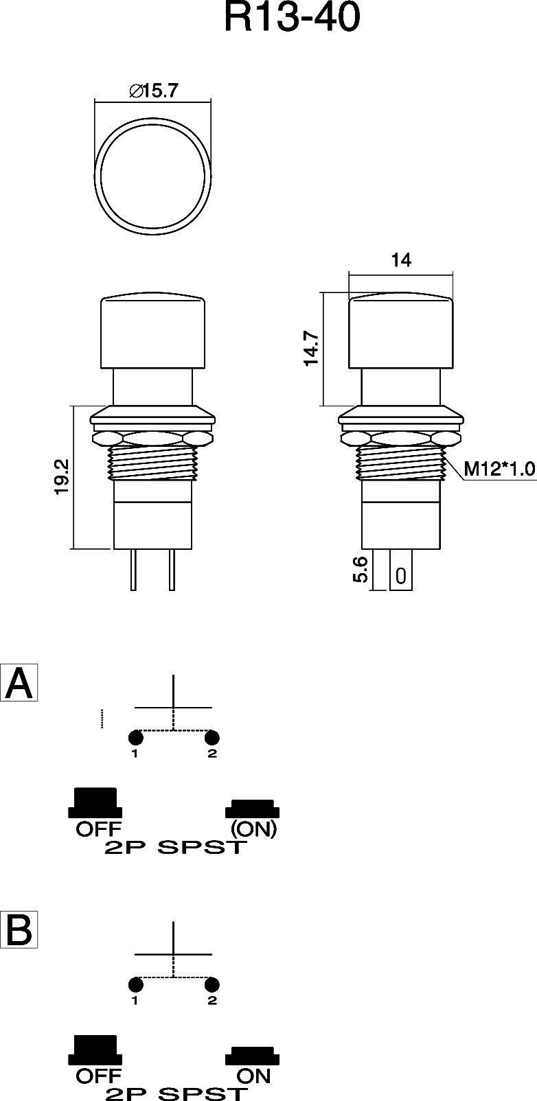 'R13-40' technische tekening van een schakelaar: bovenaanzicht en zijaanzicht met afmetingen (Ø15,7, M12*1,0). Schakelschema's A (2P SPST AAN/UIT) en B (SPST AAN/UIT) weergegeven.
