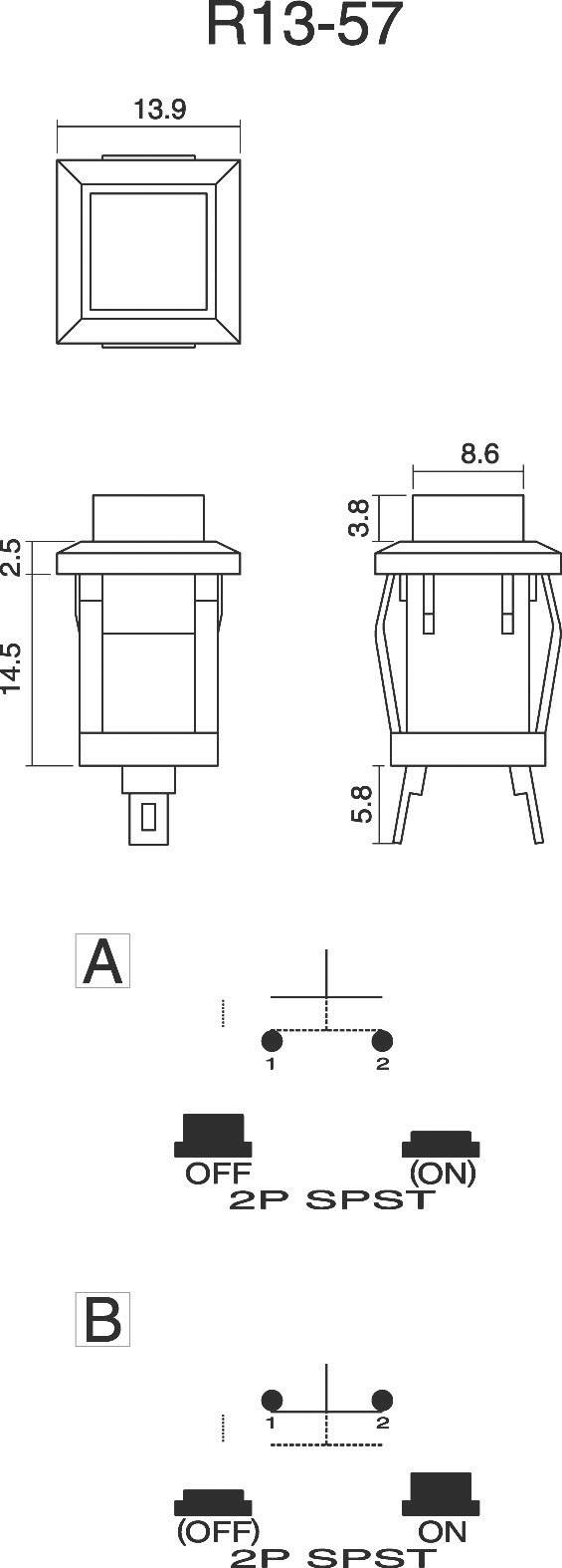 Schakelschema voor schakeltype R13-57. Bevat afmetingen en diagrammen voor twee varianten: 'A' toont '2P SPST' en 'B' 'UIT-(AAN)'.