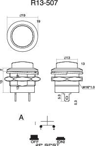Technische tekening van een schakelaar (R13-507) met bovenaanzicht, zijaanzicht en aansluitschema. Voorzien van maateenheden.