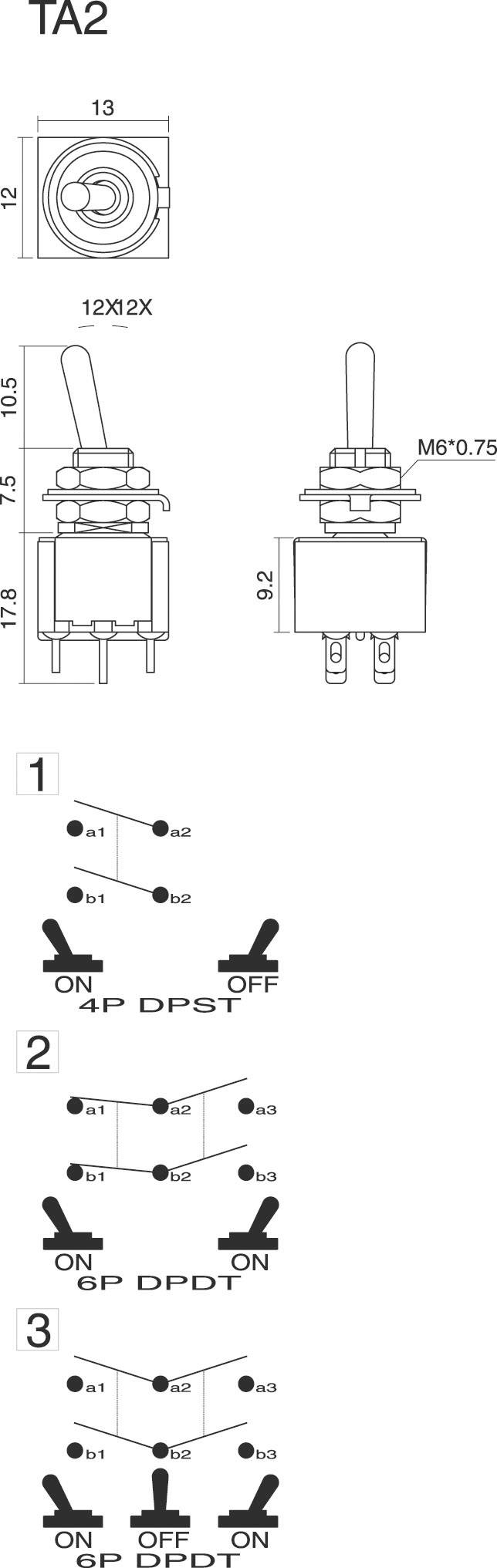 'TA2 schakelschema met 3 ontwerpen: 1) 2-polig DPST AAN-UIT, 2) 6-polig DPDT AAN-UIT, 3) 6-polig DPDT dubbele AAN-UIT.'