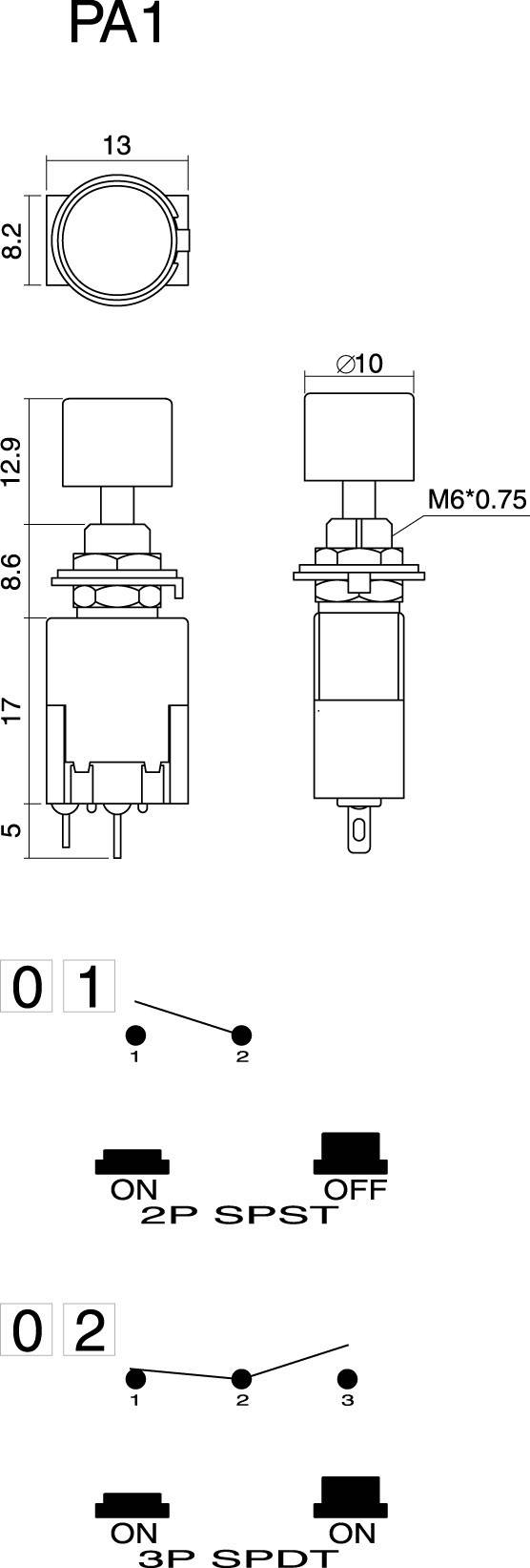 Technische tekening van een drukschakelaar, Model PA1, met afmetingen en bedradingsschema's: 2-polige SPST, AAN/UIT-configuratie.