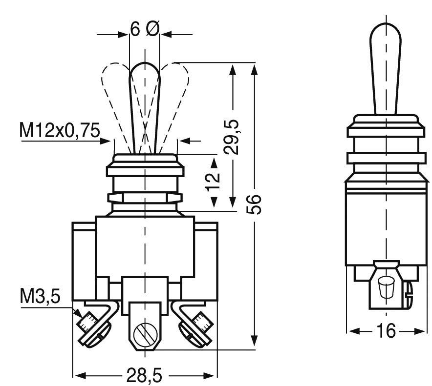 Technische tekening van een onderdeel met schroefdraad M12x0,75, totale lengte 56 mm. Toont aanzichten met diameter en montagegegevens.