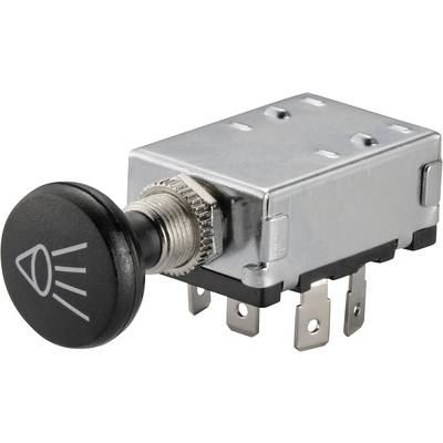 Een metalen tuimelschakelaar met een zwarte knop met een koplampensymbool, vaak gebruikt voor voertuigkoplampen.