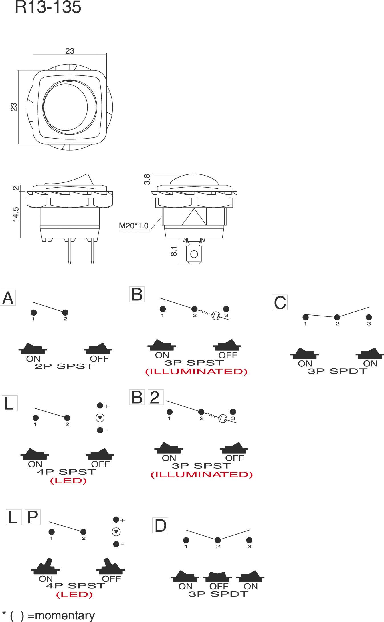 Schakelcircuitdiagram met verschillende schakelaartypes en -standen (2P SPST, 3P SPST, 4P SPST). Enkele schakelaars zijn voorzien van verlichting met LED's.