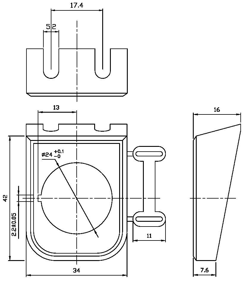 Technische tekening van een rechthoekig onderdeel met afmetingen in millimeters. Bovenaanzicht, vooraanzicht en zijaanzicht. Maten en details voor fabricage.