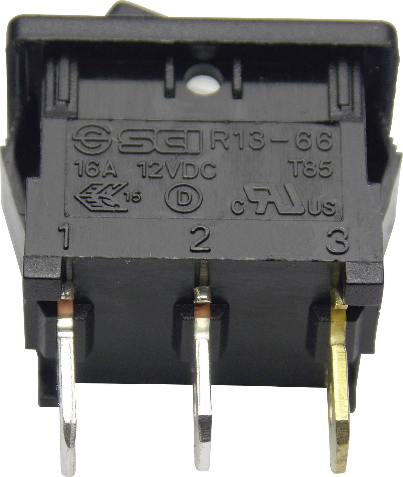 Een zwarte schakelaar met drie metalen contacten, opschrift: '16A 12VDC', model R13-66, geschikt voor elektrische toepassingen.