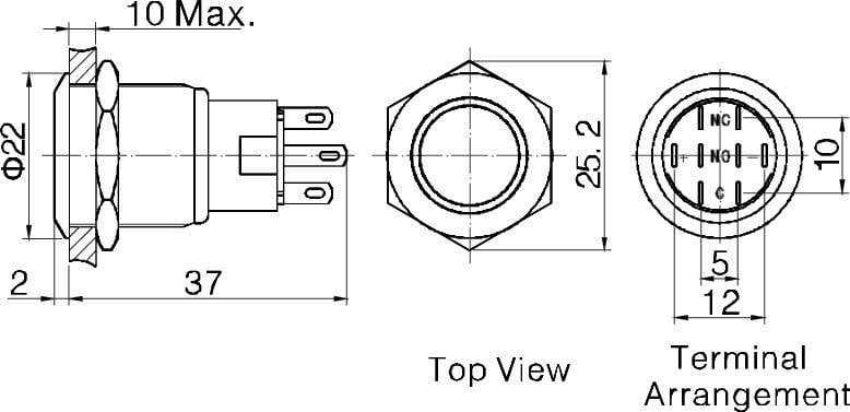 Tekening van een elektrische schakelaar met afmetingen: totale grootte 37 mm, diameter 22 mm, vooraanzicht met drie aansluitingen.