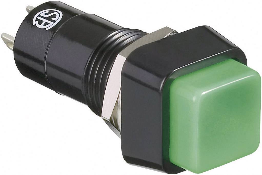 Een zwarte drukknop met een vierkante, groene knop, waarop een elektrisch schakelsymbool is afgebeeld.