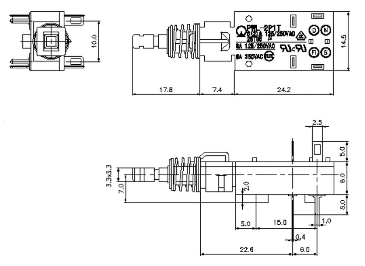Technische tekening van een elektrische schakelaar met afmetingen in millimeters. Toont zij- en bovenaanzicht met nauwkeurige afmetingen.